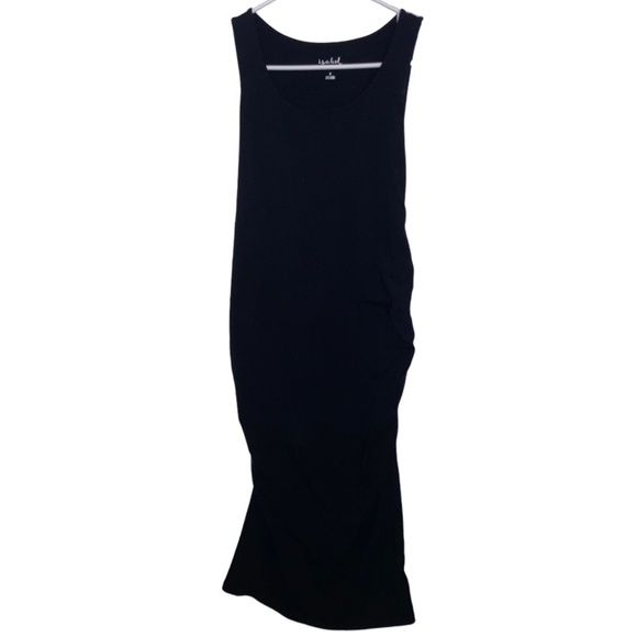 Women’s Isabel Maternity Black Sleeveless Stretchy Midi Dress W/ Ruching. Size S - Picture 2 of 6